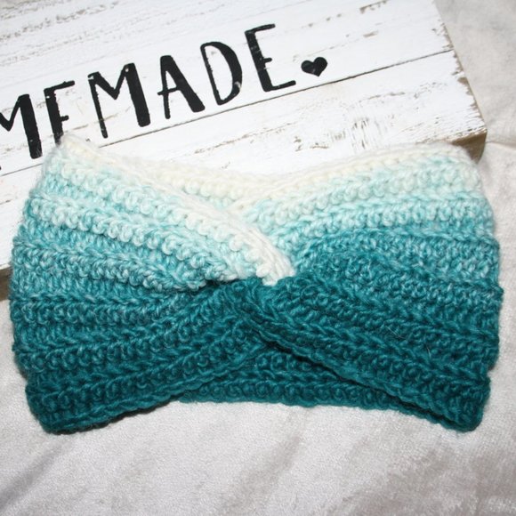 Ombre teal and cream wool twist headband earwarmer